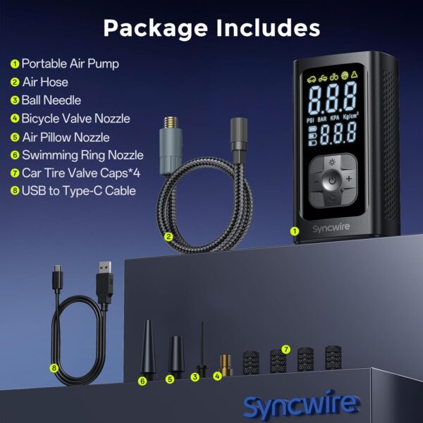 Syncwire Compresor de aire portátil para inflado de neumáticos, inflado 2 veces más rápido, bomba de aire inteligente para neumáticos de automóvil [LCD extragrande] con medidor de presión digital - Imagen 2