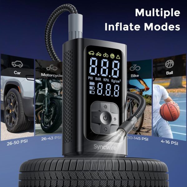 Syncwire Compresor de aire portátil para inflado de neumáticos, inflado 2 veces más rápido, bomba de aire inteligente para neumáticos de automóvil [LCD extragrande] con medidor de presión digital - Imagen 7