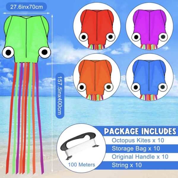 Cometas - 10 cometas de pulpo grandes, de cola larga, fácil de volar, cometas de playa a granel, 157 pulgadas, moluscos 3D de pulpo para niños y adultos, kitesurf, parque al aire libre, cometa colorida - Imagen 6