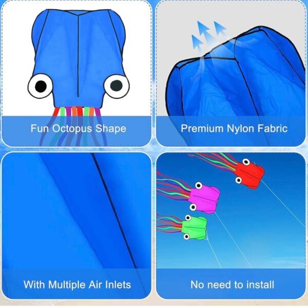 Cometas - 10 cometas de pulpo grandes, de cola larga, fácil de volar, cometas de playa a granel, 157 pulgadas, moluscos 3D de pulpo para niños y adultos, kitesurf, parque al aire libre, cometa colorida - Imagen 7