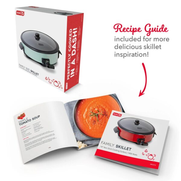 Dash Sartén eléctrica de tamaño familiar con superficie antiadherente de 14 pulgadas + libro de recetas para pizza, hamburguesas, galletas, fajitas, desayuno y más, capacidad de 20 tazas, 1400 W - Imagen 2