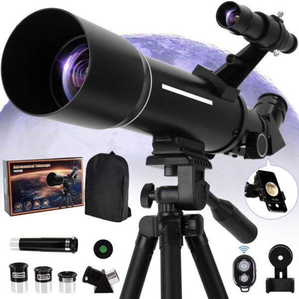 Telescopio, F40070M para adultos astronomía, 2.756 in de apertura 15.748 in telescopio refractor (20-200x) para principiantes de astronomía, trípode y adaptador de teléfono, mochila de telescopios - Imagen 1
