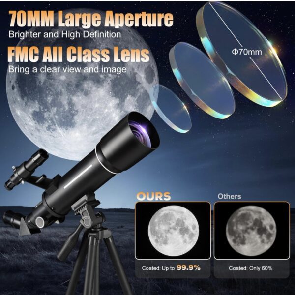 Telescopio, F40070M para adultos astronomía, 2.756 in de apertura 15.748 in telescopio refractor (20-200x) para principiantes de astronomía, trípode y adaptador de teléfono, mochila de telescopios - Imagen 2