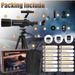 Telescopio, F40070M para adultos astronomía, 2.756 in de apertura 15.748 in telescopio refractor (20-200x) para principiantes de astronomía, trípode y adaptador de teléfono, mochila de telescopios - Imagen 6