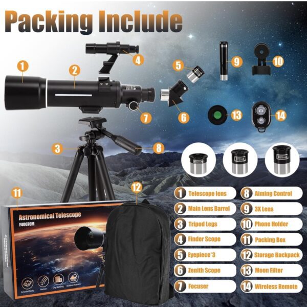 Telescopio, F40070M para adultos astronomía, 2.756 in de apertura 15.748 in telescopio refractor (20-200x) para principiantes de astronomía, trípode y adaptador de teléfono, mochila de telescopios - Imagen 6