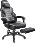 Silla gamer BOSSIN Silla de escritorio para ordenador con reposapiés y reposacabezas, diseño ergonómico, gran tamaño de respaldo alto, silla giratoria de piel sintética, Cuero falso, Gris y negro