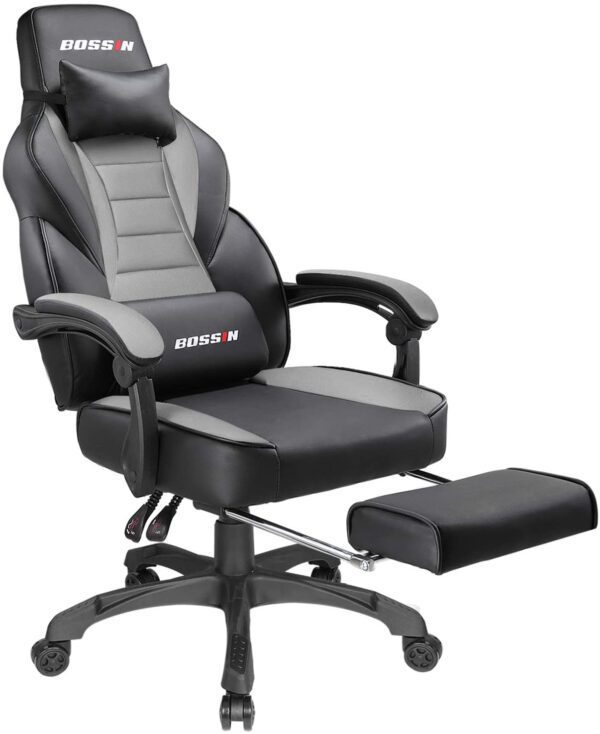 Silla gamer BOSSIN Silla de escritorio para ordenador con reposapiés y reposacabezas, diseño ergonómico, gran tamaño de respaldo alto, silla giratoria de piel sintética, Cuero falso, Gris y negro - Imagen 8