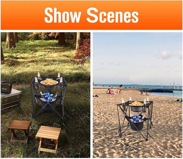 Mesa de camping plegable, mesa de camping portátil de doble cubierta con 4 soportes para tazas y bolsa de transporte, ligera para picnic en interiores y exteriores, playa, senderismo, viajes, pesca, barbacoa. (negro) - Imagen 7