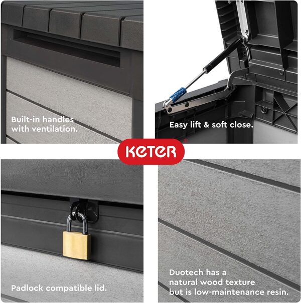 Keter Denali Caja de resina grande de 150 galones para organizar y almacenar muebles de patio, cojines de exterior, herramientas de jardín y juguetes de piscina, gris y negro - Imagen 5