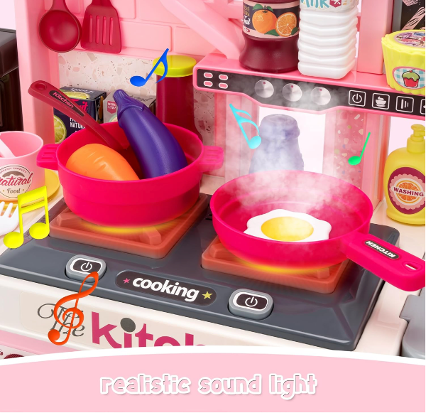 Juego de cocina para niños, 53 piezas, estufa de cocina, fregadero, horno, juguetes de cocina con luces y sonidos realistas, juguetes de juego de simulación, juguetes de cocina para niños pequeños de - Imagen 3