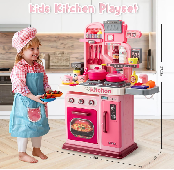 Juego de cocina para niños, 53 piezas, estufa de cocina, fregadero, horno, juguetes de cocina con luces y sonidos realistas, juguetes de juego de simulación, juguetes de cocina para niños pequeños de - Imagen 6