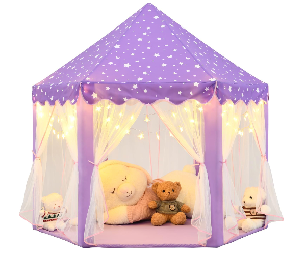 Tienda de campaña de princesa púrpura para niñas, tienda de campaña para niños con luces LED de estrellas pequeñas, castillo para niños pequeños - Imagen 6