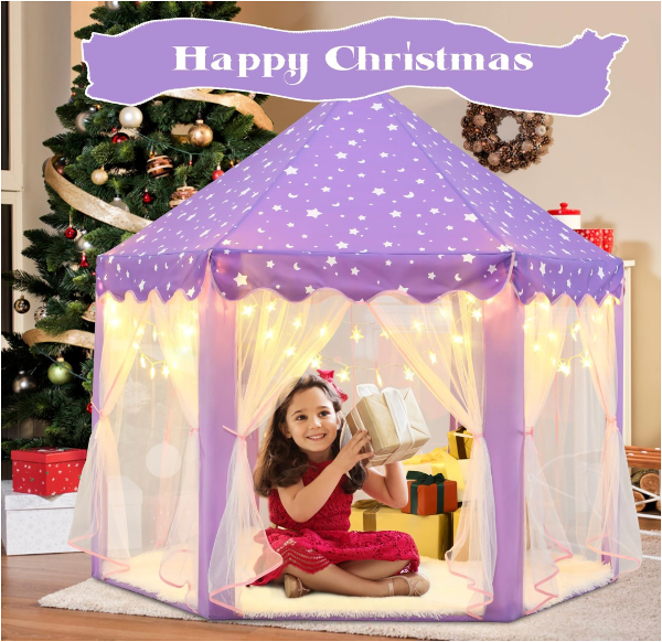 Tienda de campaña de princesa púrpura para niñas, tienda de campaña para niños con luces LED de estrellas pequeñas, castillo para niños pequeños - Imagen 5