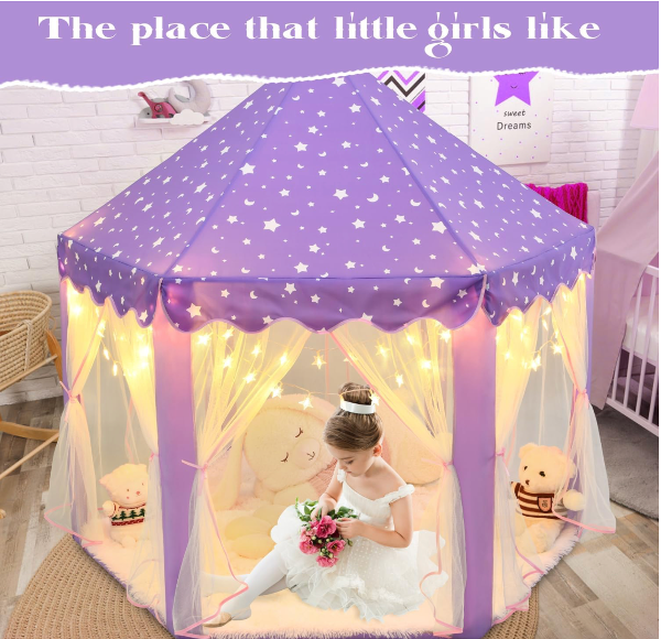 Tienda de campaña de princesa púrpura para niñas, tienda de campaña para niños con luces LED de estrellas pequeñas, castillo para niños pequeños - Imagen 4