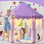 Tienda de campaña de princesa púrpura para niñas, tienda de campaña para niños con luces LED de estrellas pequeñas, castillo para niños pequeños - Imagen 3