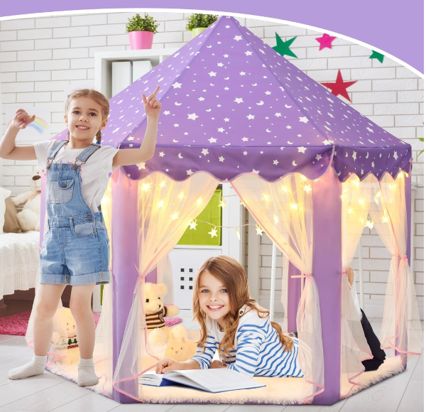 Tienda de campaña de princesa púrpura para niñas, tienda de campaña para niños con luces LED de estrellas pequeñas, castillo para niños pequeños - Imagen 3