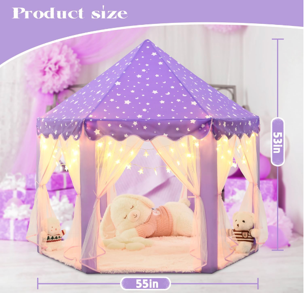 Tienda de campaña de princesa púrpura para niñas, tienda de campaña para niños con luces LED de estrellas pequeñas, castillo para niños pequeños - Imagen 2