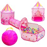 Tienda de campaña para niña con diseño de cuento de hadas, tiene túnel de rastreo y piscina de pelotas con aro de baloncesto para niñas pequeñas