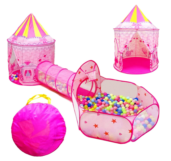 Tienda de campaña para niña con diseño de cuento de hadas, tiene túnel de rastreo y piscina de pelotas con aro de baloncesto para niñas pequeñas - Imagen 9