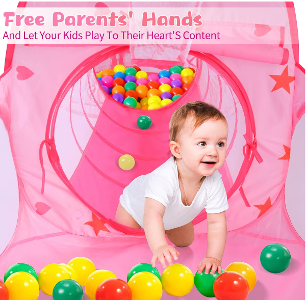 Tienda de campaña para niña con diseño de cuento de hadas, tiene túnel de rastreo y piscina de pelotas con aro de baloncesto para niñas pequeñas - Imagen 6