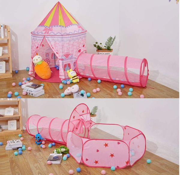 Tienda de campaña para niña con diseño de cuento de hadas, tiene túnel de rastreo y piscina de pelotas con aro de baloncesto para niñas pequeñas - Imagen 4