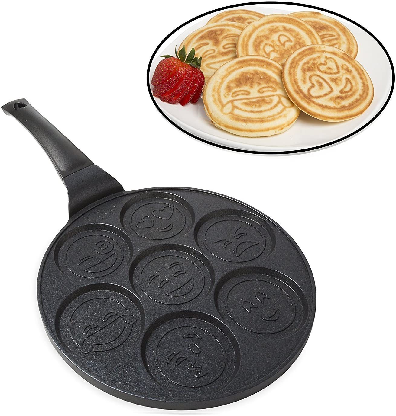 Sartén para hotcakes con diseño de caras sonrientes y emojis Sartén para hotcakes con diseño de caras sonrientes y emojis, sartén antiadherente, plancha para hotcakes con 7 caras únicas para hotcakes - Imagen 1