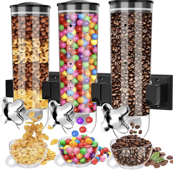 Dispensador de cereales montado en la pared, dispensadores triples de alimentos secos, dispensador de granos de montaje en pared, dispensador de dulces, dispensador de aperitivos para almacenar nueces - Imagen 1