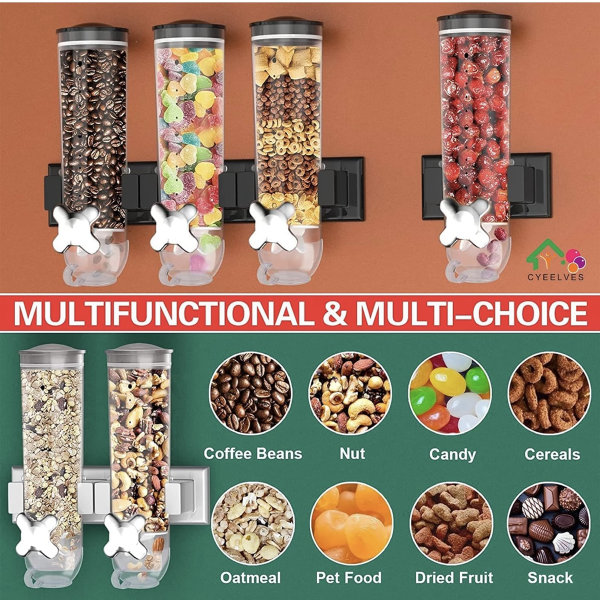 Dispensador de cereales montado en la pared, dispensadores triples de alimentos secos, dispensador de granos de montaje en pared, dispensador de dulces, dispensador de aperitivos para almacenar nueces - Imagen 4