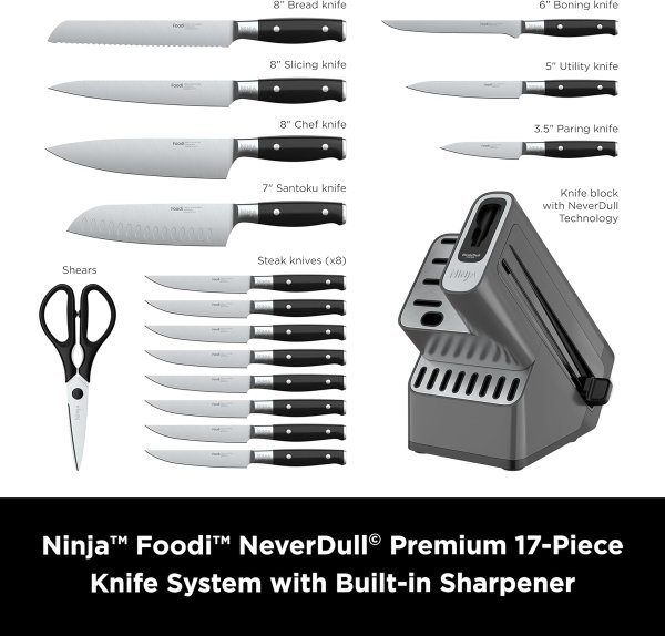 Ninja - K32017 Foodi NeverDull Sistema de cuchillos de alta calidad, juego de bloques de cuchillos de 17 piezas con afilador incorporado, cuchillos alemanes de acero inoxidable, color negro - Imagen 3