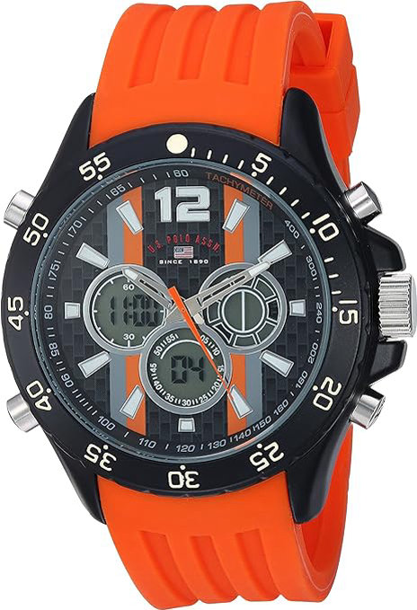 U.S. Polo Assn. Reloj casual de cuarzo para hombre, de metal y hule, color: naranja (modelo: US9526) - Imagen 1