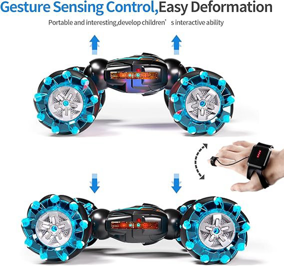 Deejoy Auto de acrobacias a control remoto 1:12, 2.4 GHz, 4WD, control remoto, sensor de gestos, vehículos todoterreno giratorios de doble cara con luces y música, para cumpleaños de niños y niñas - Imagen 2
