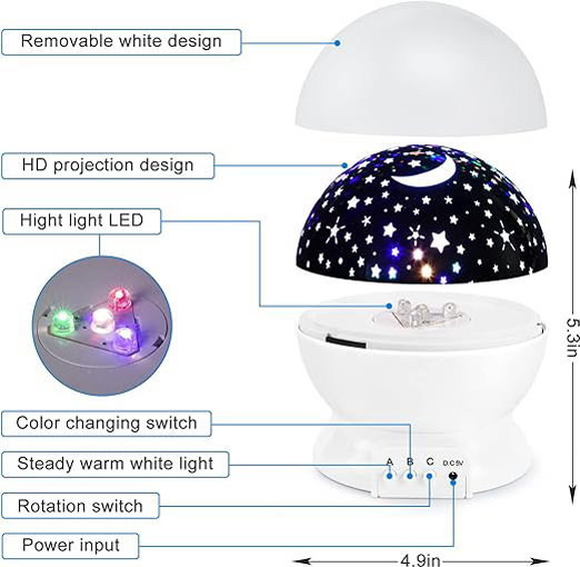 Lampara xubox Star Sky luz de noche, rotación de 360 grados bebé lámpara de noche 4 bombillas LED 9 Cambio de color de luz Moon Star proyector recámara Universo iluminación con cable USB, gran regalo para bebés, niños, adultos - Rosado - Imagen 2
