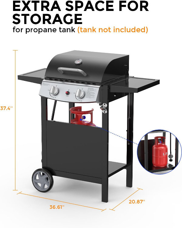 Cowsar Parrilla de gas propano para barbacoa de 2 quemadores, acero inoxidable 20000 BTU, equipada con quemador lateral y 4 ruedas para una fácil movilidad, ideal para cocinas al aire libre - Imagen 2