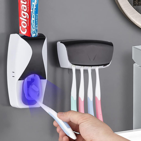 Dispensador automático de cepillos de dientes para montaje en pared, exprimidor de pasta de dientes y soporte para cepillos de dientes para niños, uso familiar en el baño - Imagen 1