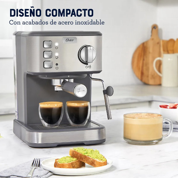 Oster Cafetera Compacta, Prepara hasta 2 Espressos por Ciclo, 15 Bar, Tubo de Vapor, Incluye Accesorios, Acero Inoxidable, BVSTEM5502 - Imagen 2