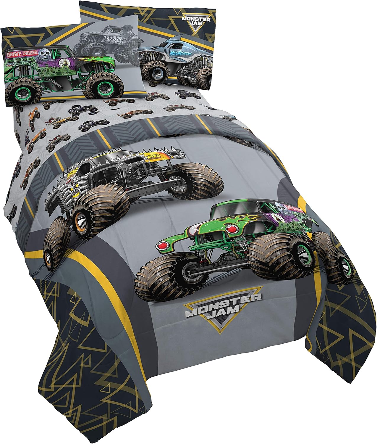 0nKgXkcs-1.jpg Edredon franco Monster Jam MJ Life - Juego de ropa de cama matrimonial de 5 piezas, incluye edredón reversible y juego de sábanas, con Grave Digger, Max-D, Megalodon, microfibra súper suave - Imagen 1