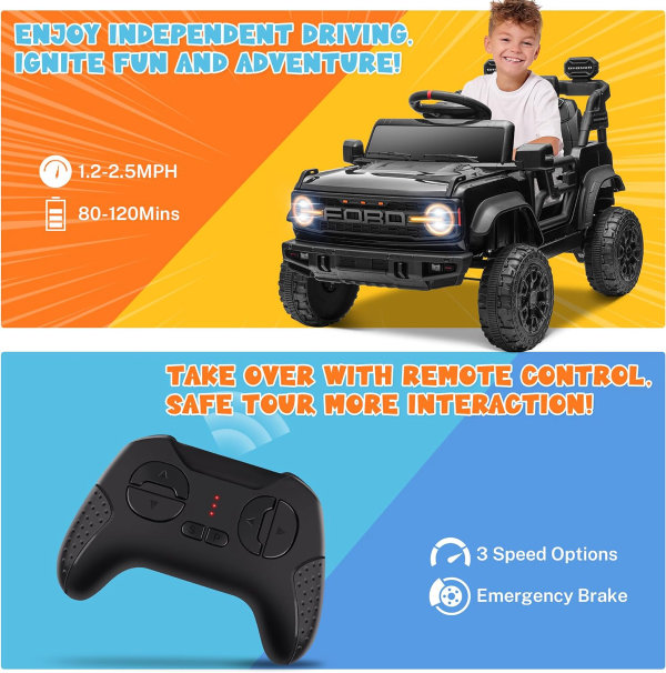 Carro Ford Bronco Raptor de 12 V para niños pequeños, eléctrico de juguete con control remoto, suspensión de resorte de 4 ruedas, música Bluetooth, radio, luces LED, ENYOPRO - Imagen 2