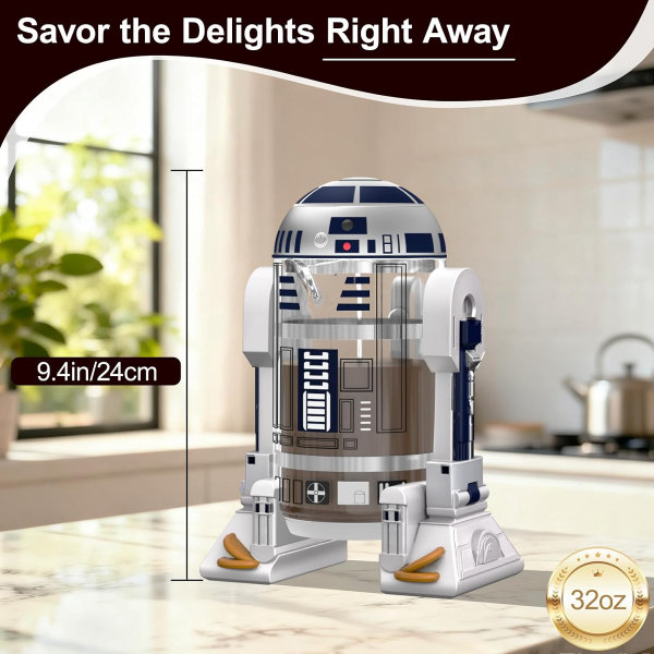 Cafetera de acero inoxidable Star Wars con aislamiento de prensa francesa, robot de 32 onzas R2D2 para el hogar, con pantalla de filtro para café y té - Imagen 3