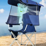 Silla de playa con toldo y ventilador, giratorio de 360° y flujo de aire de 3 velocidades, silla de camping con toldo y ventilador potente y silencioso, soporte para tazas, bolsillo lateral