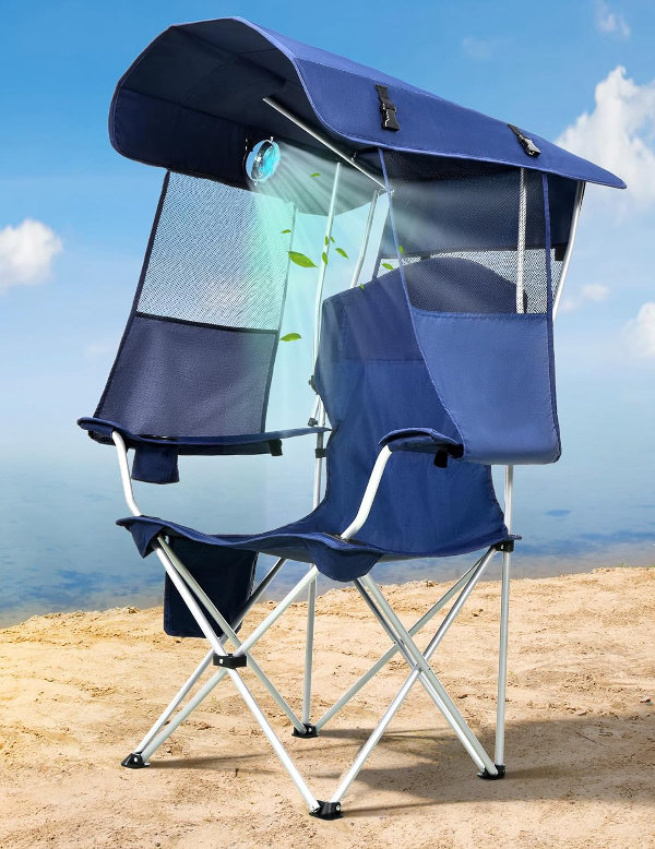 1.1.jpg Silla de playa con toldo y ventilador, giratorio de 360° y flujo de aire de 3 velocidades, silla de camping con toldo y ventilador potente y silencioso, soporte para tazas, bolsillo lateral - Imagen 1
