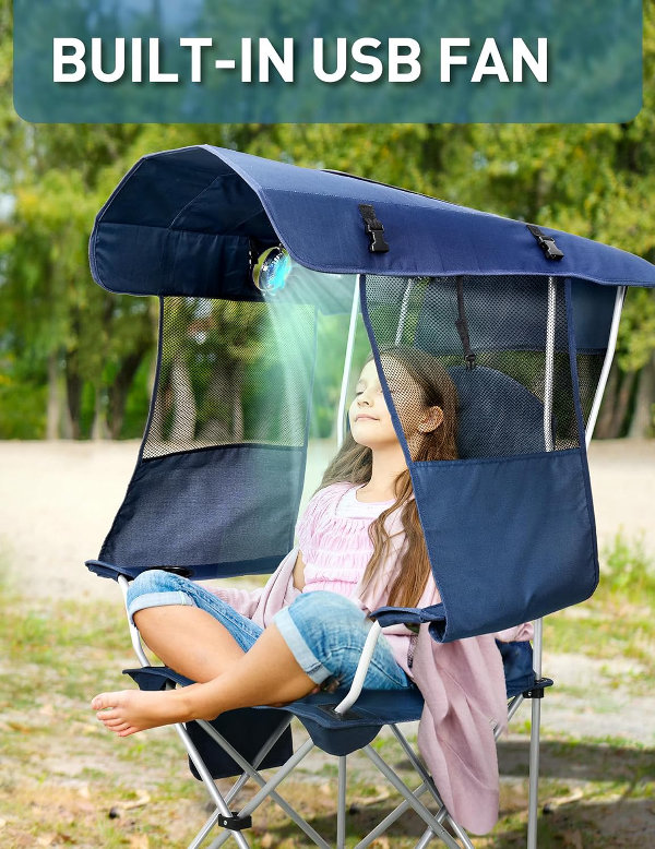 Silla de playa con toldo y ventilador, giratorio de 360° y flujo de aire de 3 velocidades, silla de camping con toldo y ventilador potente y silencioso, soporte para tazas, bolsillo lateral - Imagen 2