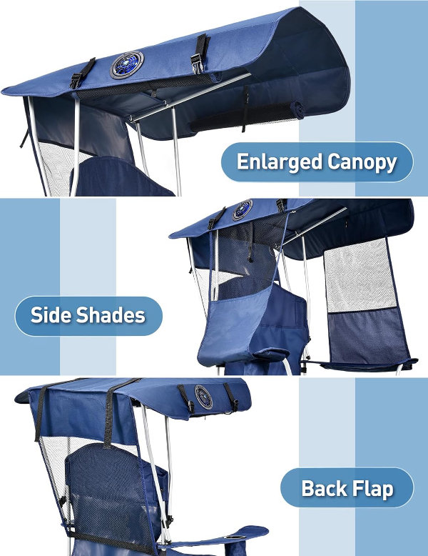 Silla de playa con toldo y ventilador, giratorio de 360° y flujo de aire de 3 velocidades, silla de camping con toldo y ventilador potente y silencioso, soporte para tazas, bolsillo lateral - Imagen 3