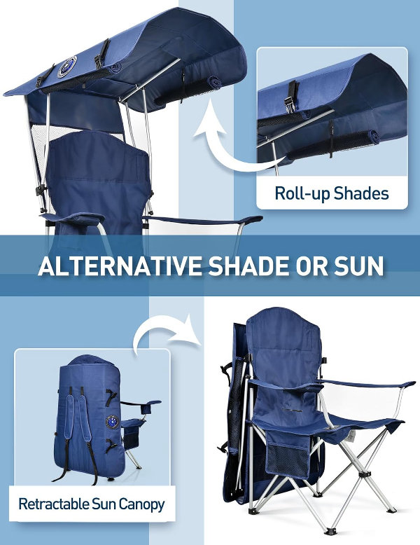 Silla de playa con toldo y ventilador, giratorio de 360° y flujo de aire de 3 velocidades, silla de camping con toldo y ventilador potente y silencioso, soporte para tazas, bolsillo lateral - Imagen 4