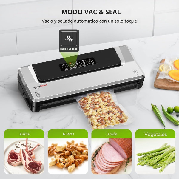 Máquina Selladora al Vacío Bonsenkitchen con 40 Bolsas | Sellador de Alimentos Compacto para Almacenamiento de Cocina y Preparación de Comidas | Múltiples Modos | Sistema de Vacío Externo, Plateado - Imagen 3