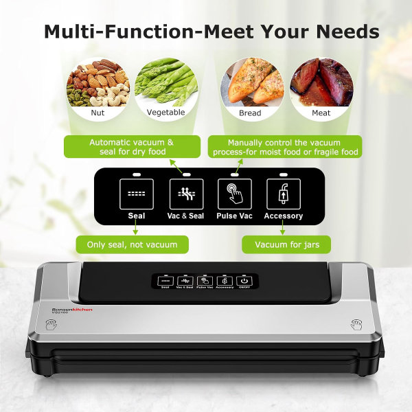 71zGmo-J2L._AC_SL1500_.jpg Máquina Selladora al Vacío Bonsenkitchen con 40 Bolsas | Sellador de Alimentos Compacto para Almacenamiento de Cocina y Preparación de Comidas | Múltiples Modos | Sistema de Vacío Externo, Plateado - Imagen 1