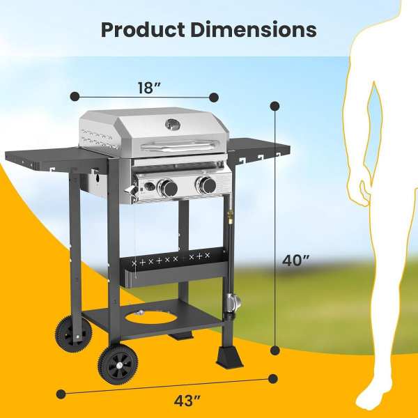 COWSAR - Parrilla de barbacoa de propano de 2 quemadores de 16000 BTU, parrilla de acero inoxidable con rejillas de hierro fundido, tapa, estante lateral, bandeja de aceite extraíble y ruedas con bloqueo, ideal para patio, patio trasero y campamento - Imagen 4
