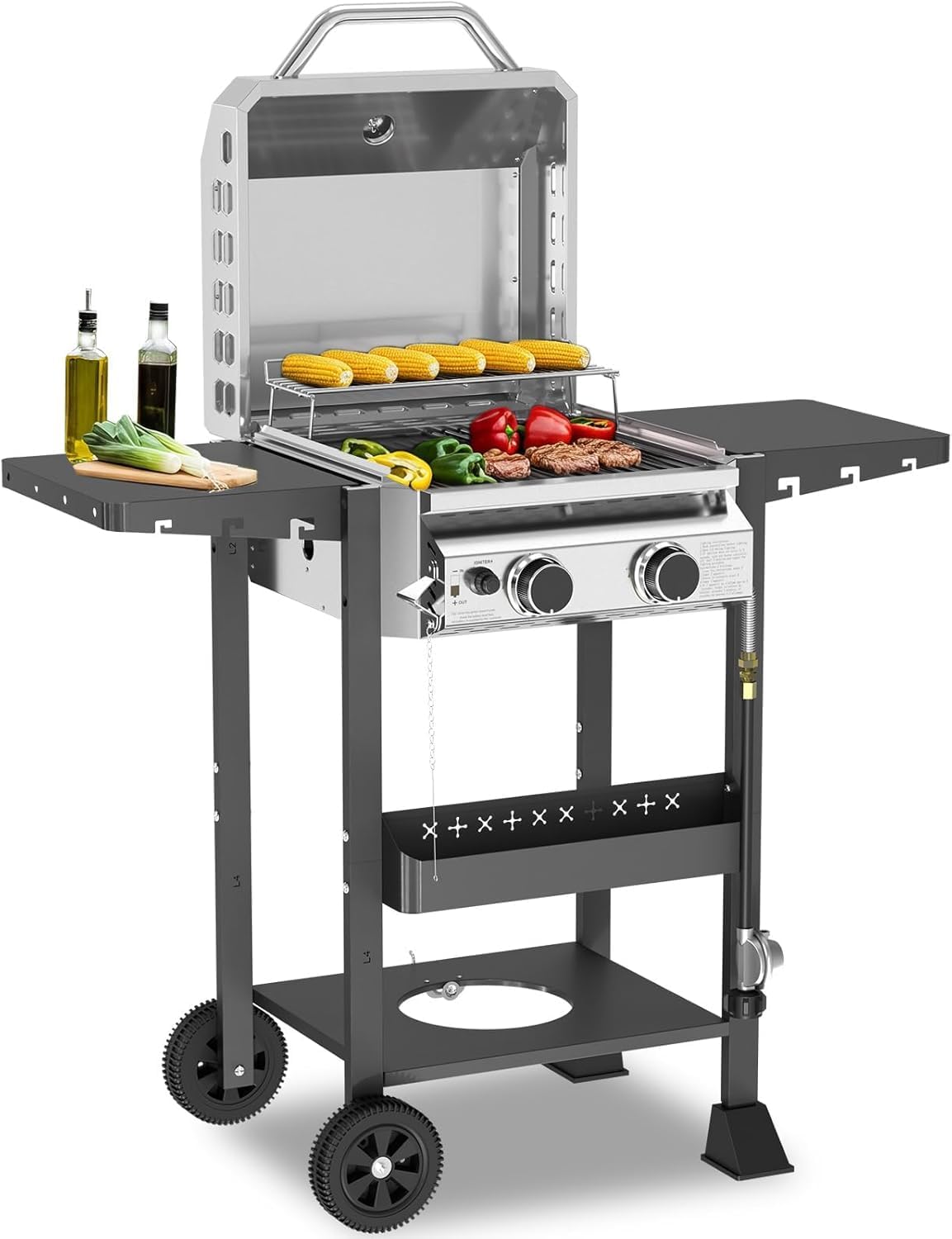 parrilla-1.jpg COWSAR - Parrilla de barbacoa de propano de 2 quemadores de 16000 BTU, parrilla de acero inoxidable con rejillas de hierro fundido, tapa, estante lateral, bandeja de aceite extraíble y ruedas con bloqueo, ideal para patio, patio trasero y campamento - Imagen 1
