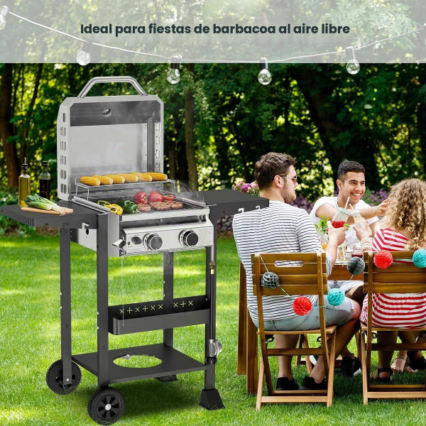 COWSAR - Parrilla de barbacoa de propano de 2 quemadores de 16000 BTU, parrilla de acero inoxidable con rejillas de hierro fundido, tapa, estante lateral, bandeja de aceite extraíble y ruedas con bloqueo, ideal para patio, patio trasero y campamento - Imagen 2