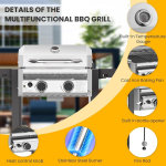 COWSAR - Parrilla de barbacoa de propano de 2 quemadores de 16000 BTU, parrilla de acero inoxidable con rejillas de hierro fundido, tapa, estante lateral, bandeja de aceite extraíble y ruedas con bloqueo, ideal para patio, patio trasero y campamento - Imagen 3