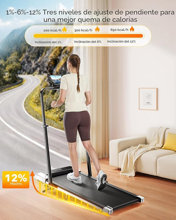 TOPUTURE Caminadora con inclinación del 12%, caminadora plegable 6 en 1 con barra de mango ajustable para el hogar, la oficina, debajo del escritorio, caminadoras portátiles con aplicación, control - Imagen 3